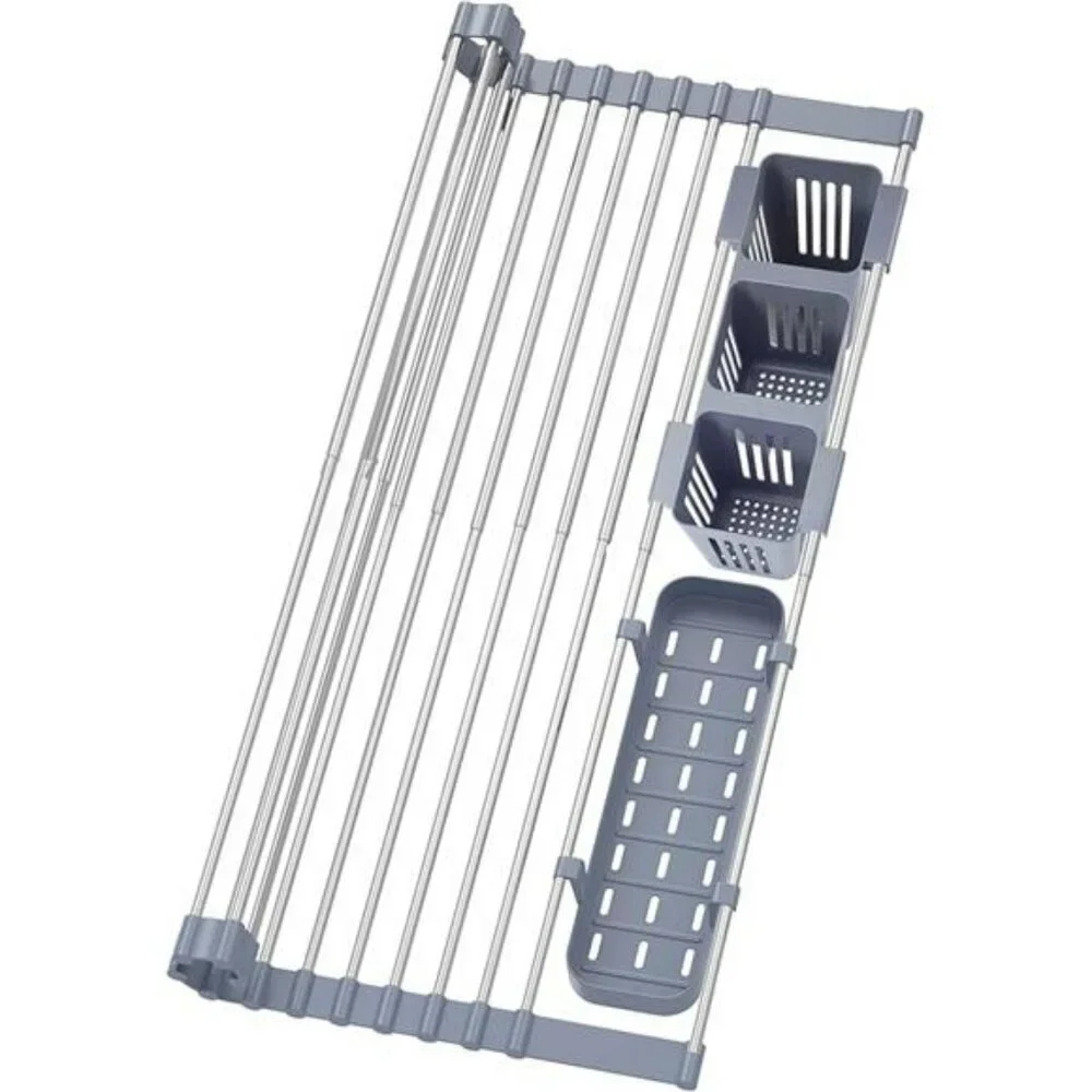 expandable roll up dish drying rack over sink with storage baskets foldable stee